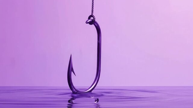 A close-up shot of a shiny l fish hook hanging from a thin wire against a purple background.