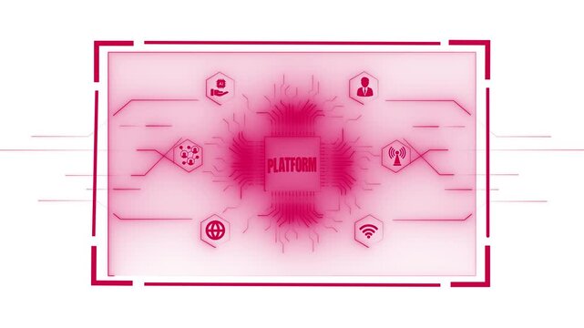 Pink glowing platform concept with circuit board and interconnected for global communication data sharing and user interaction on a white background