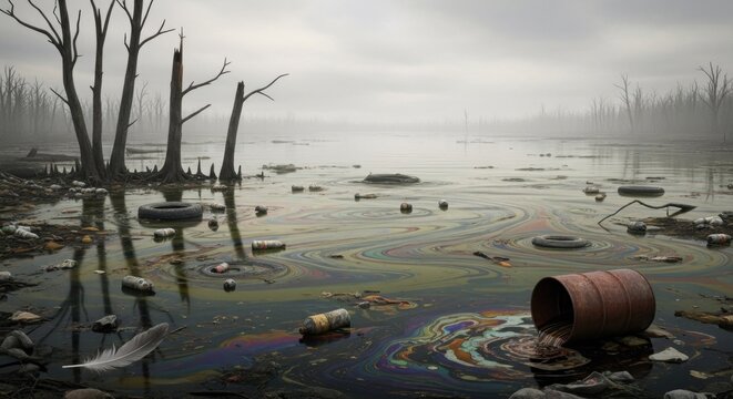 A polluted lake with dead trees, oil slicks, and various trash floating on the surface, surrounded by a misty, foggy landscape with bare trees and a cloudy sky.