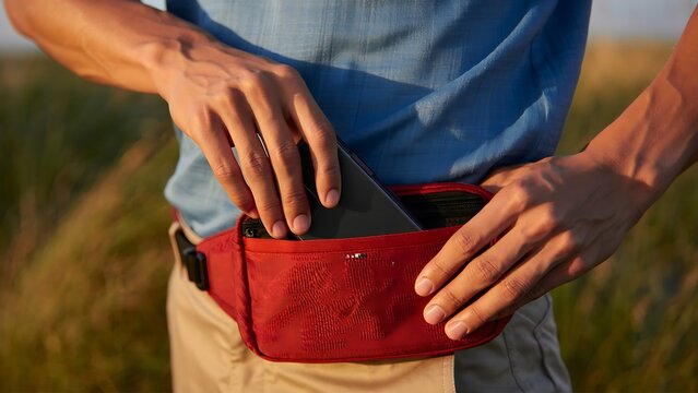 Person placing smartphone into red running belt outdoors during golden hour