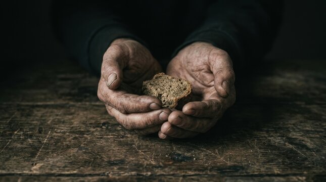 A symbolic hunger survival scene with worn hands holding a single small piece of bread over a rough wooden surface, dim light revealing skin texture and emptiness around the