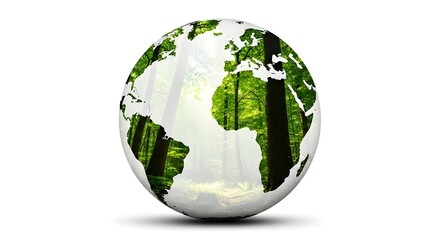 Obraz premium Green earth globe with lush forest texture, ecological planet earth concept for sustainability, environmental conservation and global reforestation isolated on White Background