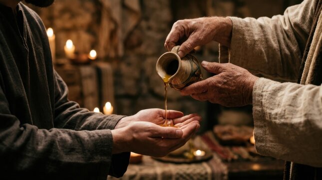 A symbolic anointing moment with hands holding a small vessel pouring oil, soft glow highlighting the liquid flow, minimal background focusing on ritual, blessing, and spiritual