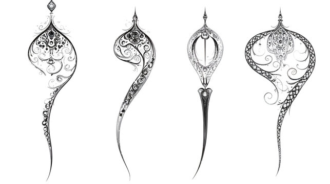 Four black and white decorative ornate designs with intricate patterns and elongated teardrop shapes