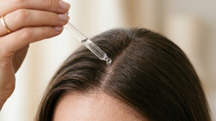Fototapeta premium Close-up of scalp treatment application with liquid or serum being gently applied to hair roots, strands parted to reveal skin, soft lighting enhancing detail and cleanliness,