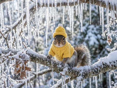 A very cute squirrel wearing a yellow knitted sweater and hat, perched on a snow-covered branch with icicles in winter