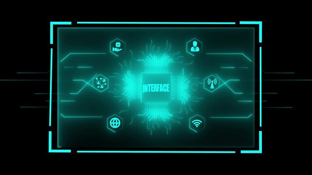 Digital interface concept with a glowing cyan circuit board and interconnected representing data, communication, and user interaction within a digital frame on a black background