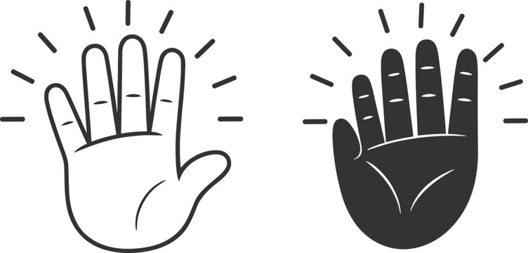 Two hands giving high five with radiating lines in outline and solid fill on white background Keywords: high five, greeting, success