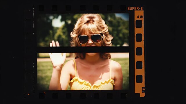 A vintage-style photograph of a smiling woman in sunglasses and a yellow dress is presented within a filmstrip frame, evoking a nostalgic and retro aesthetic.