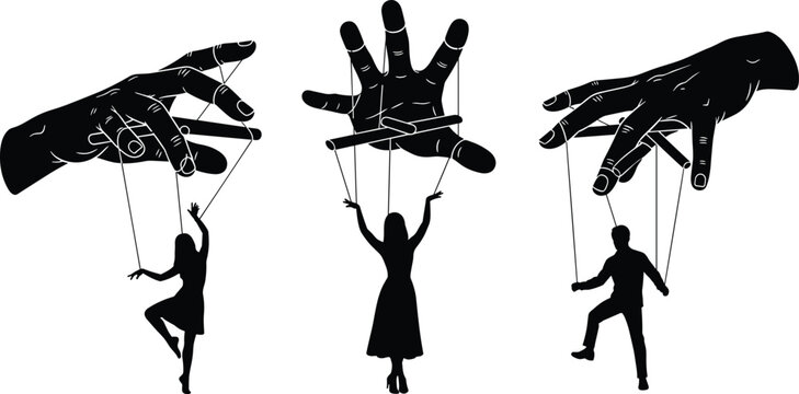 Black silhouette of giant hands controlling small people like marionette puppets on strings, isolated on white background, representing psychological manipulation.