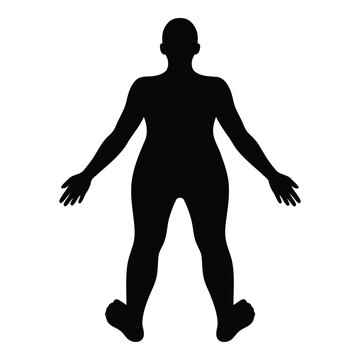 Black silhouette of a standing person with arms slightly extended, isolated on a plain white background, front view of a human body shape