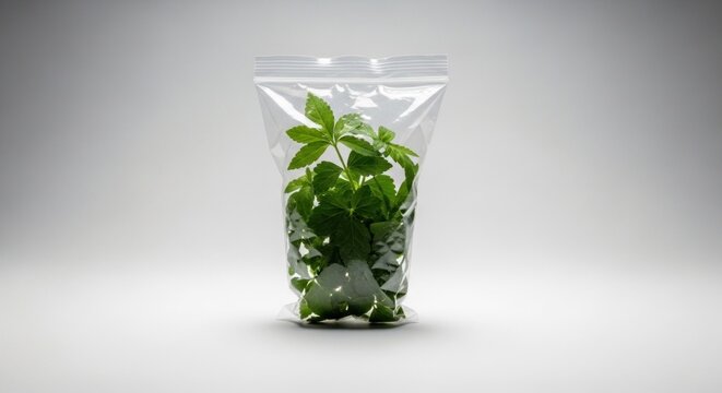 A clear plastic bag filled with fresh mint leaves, standing upright on a white background with a grayish shadow.