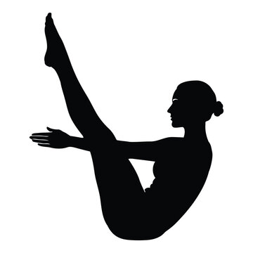 Black silhouette of a woman performing a v-sit yoga pose, isolated on a white background, showing a side profile view of a balanced fitness exercise