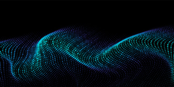 Vector abstract particle wave flow with neon blue and purple gradients on black background for technology digital science and artificial intelligence concept