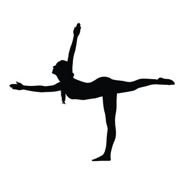 Black silhouette of a woman performing a yoga pose, balancing on one leg with arms extended in a t-shape against a plain white background