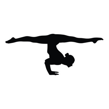 Black silhouette of a woman performing a handstand split pose, isolated on a white background, representing flexibility and athletic balance
