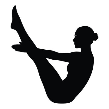 Black silhouette of a woman performing a v-sit yoga pose, isolated on a white background, showing flexibility and core strength in profile view