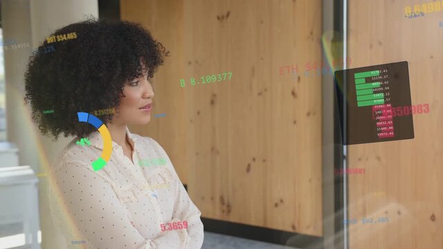 Woman crossing arms in biz office viewing AR glass gaze starting gauge and bars reviewing metrics