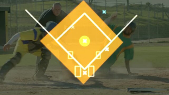 Baseball batter running home after hit trying to score catcher tagging while orange overlay tracing