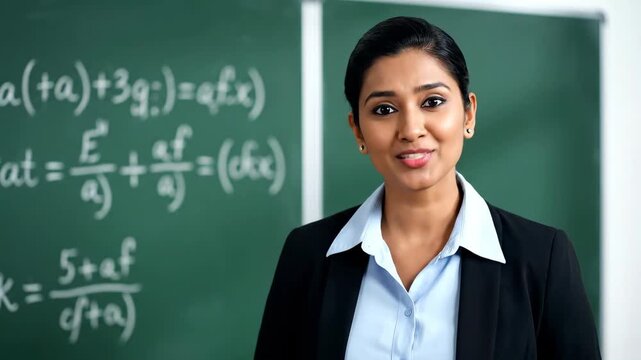 Smiling Indian female teacher in classroom with mathematical equations on chalkboard