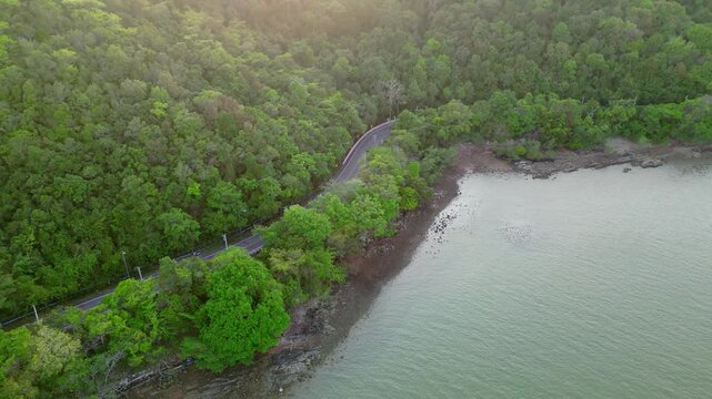 Drone footage reveals lush green forest flanking a winding road along the water. A paved path curves along the tranquil natural edge of the river, creating a beautiful arc.