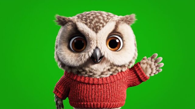 Animated owl character wearing red sweater against bright green background