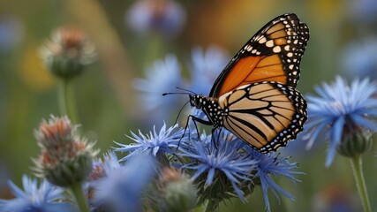 Obraz premium Monarch butterfly perched on vibrant blue flowers in a lush garden, showcasing nature's beauty