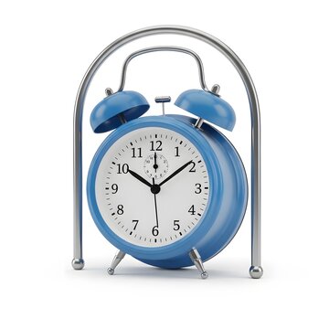 Vintage style blue alarm clock with silver metal frame and twin bells isolated on white background