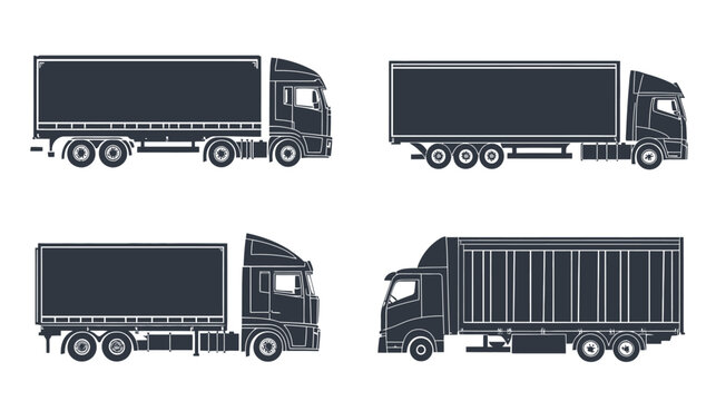 A collection of four semi-truck illustrations in various positions against a plain white background