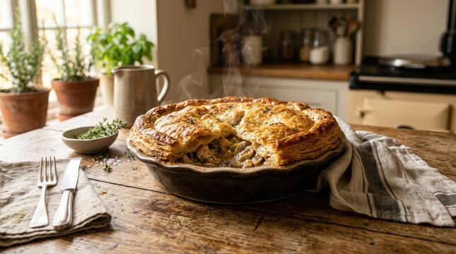 Golden-brown savory pie fresh out of the oven, flaky crust with visible layers and slight cracks revealing a rich filling inside, placed on a rustic wooden surface, steam rising