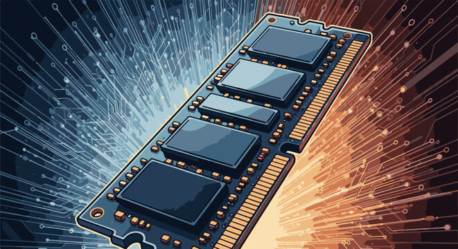 Close-up of a computer RAM module against a digital circuit board background