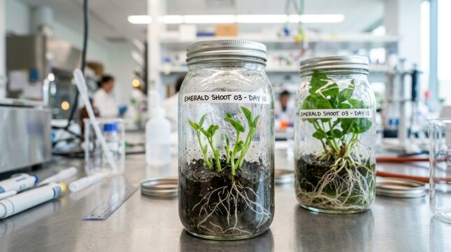 Emerald Shoots and Stark White Roots of Young Plants Growing Inside Glass Jars in a Laboratory Setting