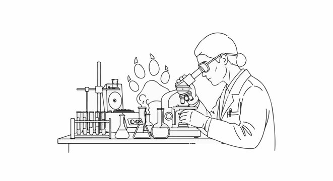 Scientist observes animal paw print under microscope in laboratory