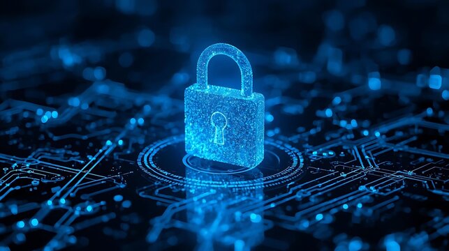 A blue lock on a circuit board with a black background