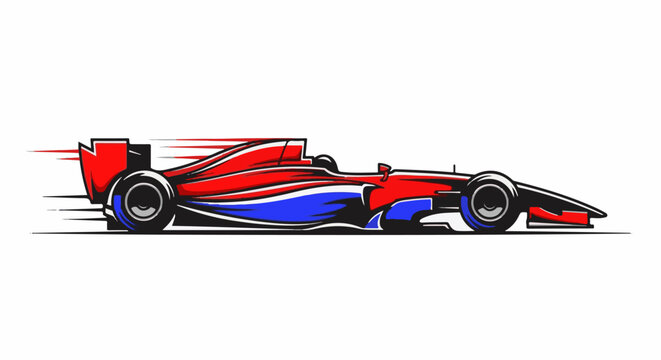 Red and blue stylized open-wheel race car in motion