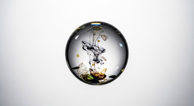A clear glass sphere containing a mixture of colorful liquid and suspended particles, set against a white background with a subtle gradient.