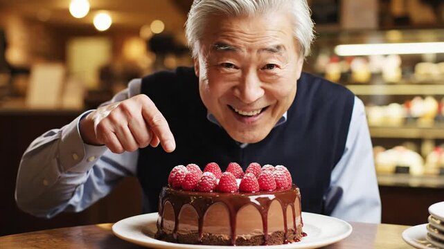 Elderly man smiles while pointing at a chocolate cake with raspberries