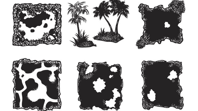 Six contrasting black and white illustrations trees, palm trees, and organic patterns on white