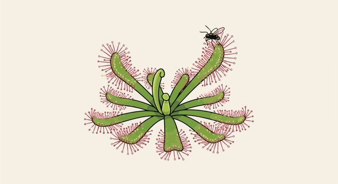 Close-up illustration of a green sundew plant with red tentacles and a fly on one leaf