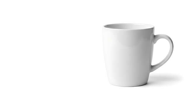 A simple, clean, and classic white ceramic mug, slightly off-center on a pristine white background. Shadows add depth