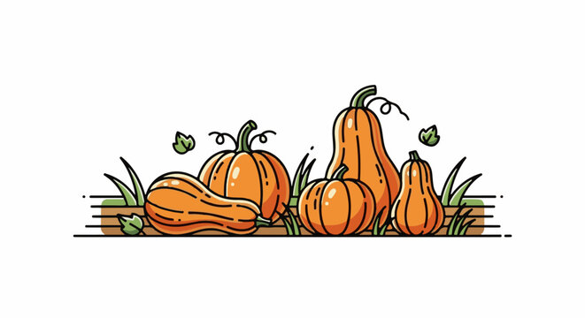 A row of orange pumpkins and gourds sits on a grassy patch