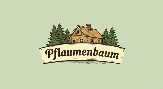 Rustic wooden cabin nestled among pine trees with a banner reading "Pflaumenbaum