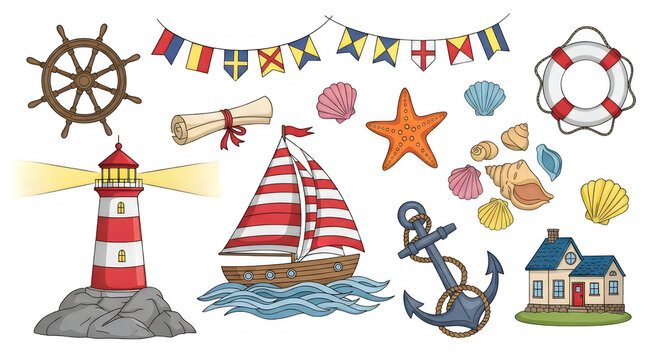 Nautical illustration featuring a lighthouse sailboat anchor lifebuoy starfish shells house and maritime flags