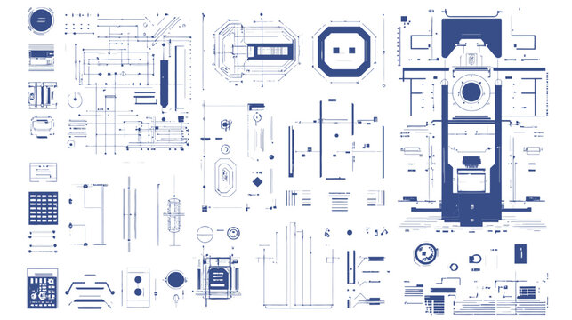 Abstract blueprint schematic featuring a collection of graphic line art elements, tech-inspired
