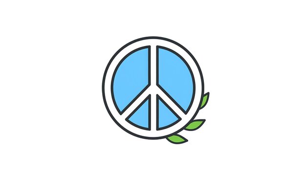 A simple, colorful graphic representing the peace symbol, with a light blue interior and a few green leaves at the side