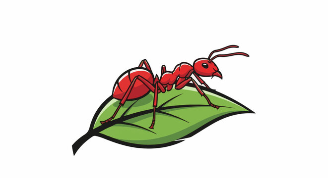 A stylized red ant is perched on a vibrant green leaf against a white backdrop