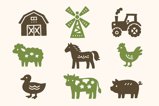 Farm animal set naive folk vector illustration