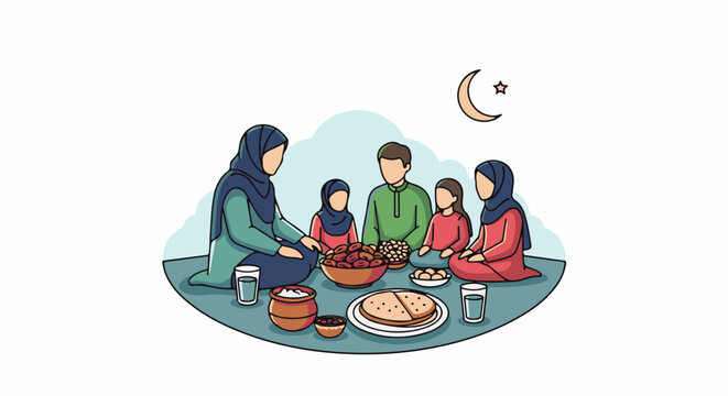 Family breaking fast with dates, bread, and water under crescent moon