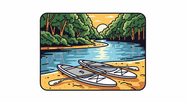 Two paddleboards and oars rest on a sandy beach by a tranquil river at sunset