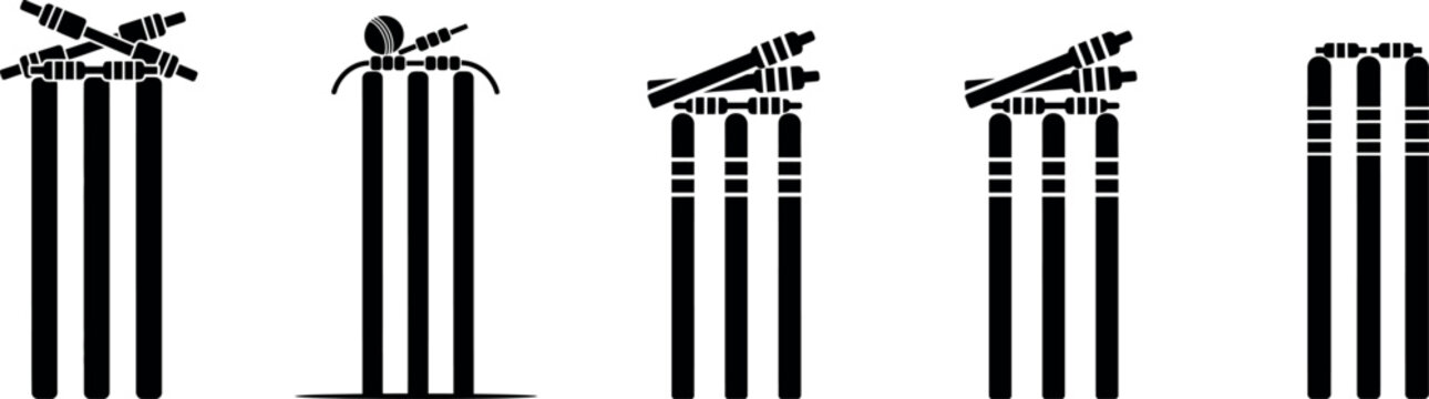 Cricket stumps and bail silhouette multiple views of wicket design